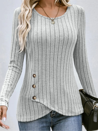 Women's Western Long Sleeve Top – Round Neck Fitted Waist-Cinched T-Shirt for Autumn Casual European & American Fashion