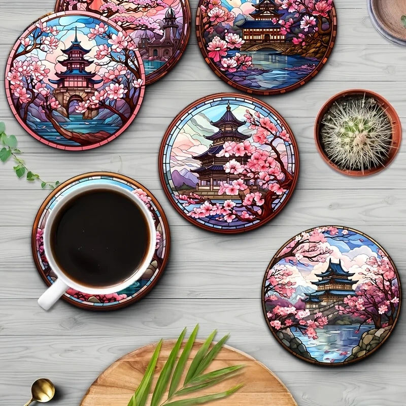 4/6PCS Wooden Coasters – Cherry Blossom, Kimono & Mount Fuji Japanese-Style Design Coffee Table Drink Mats for Home & Dining