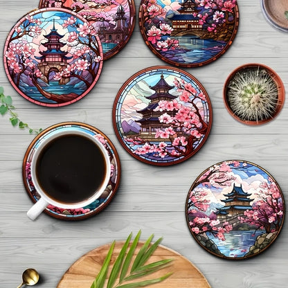 4/6PCS Wooden Coasters – Cherry Blossom, Kimono & Mount Fuji Japanese-Style Design Coffee Table Drink Mats for Home & Dining