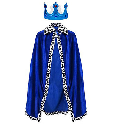 King Prince Costume Cloak with Crown – Red, Blue & Purple Velvet Cape Robe for Adults & Kids, Cosplay, Birthday Party & Dress-Up Accessory