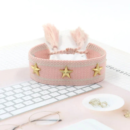 Bohemian Star Tassel Bracelet – Handmade Woven Alloy Gold Rivet Wrist Strap for Women | Ethnic Fashion Jewelry Gift