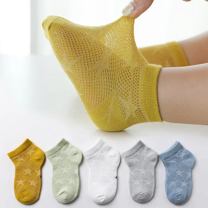 5 Pairs Kids Summer Cotton Mesh Socks Cute Cartoon Dinosaur & Bear Short Socks for Boys & Girls