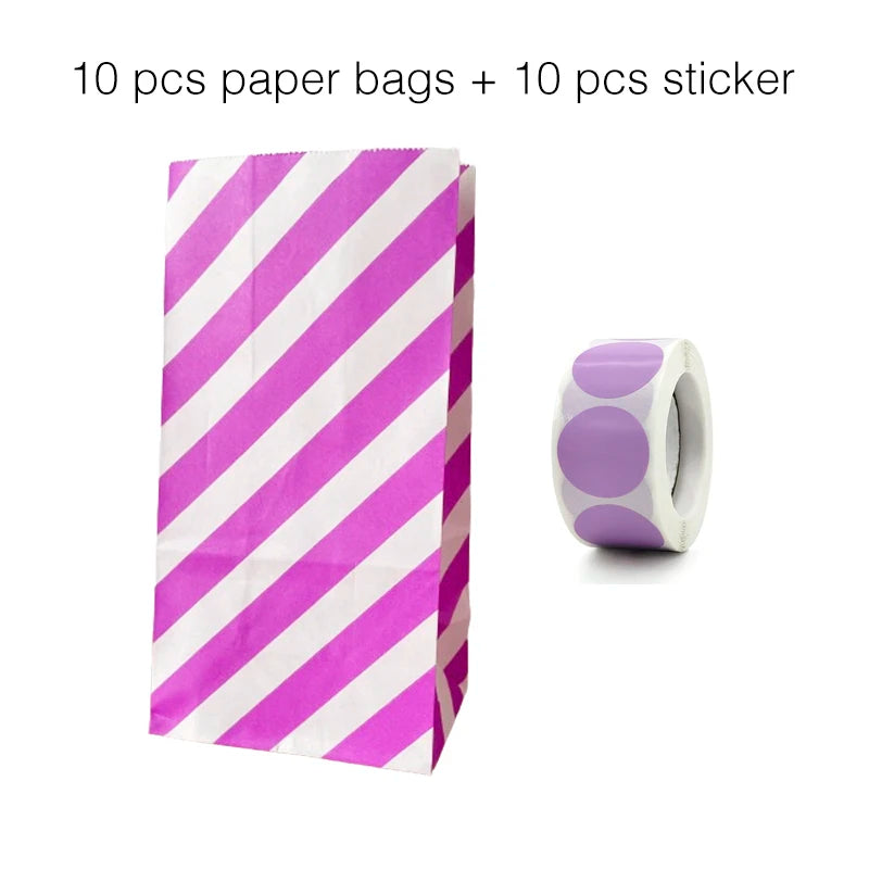 10PCS Stand-Up Colorful Gift Bags with Stickers – Solid, Striped & Polka Dot Treat Bags for Wedding, Birthday & Party Favors (18×9×6cm)