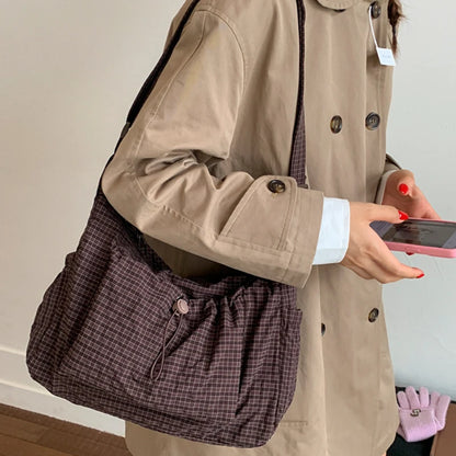 Bolso de hombro de nailon estilo coreano – Bolso tote sencillo a cuadros con cremallera y diseño de nube plisada con cordón ajustable, bandolera de moda para mujer, bolso de mano casual para el día a día