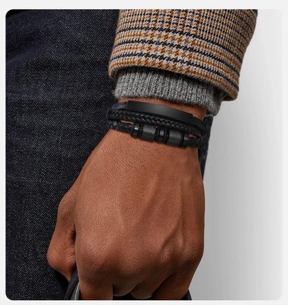 Vnox Personalized Braided Leather Bracelet for Men – Custom Name Engraved Triple Woven PU Leather Wristband | Handmade Gift Jewelry