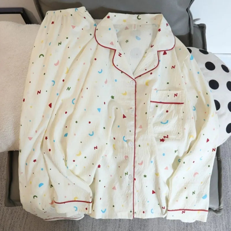 Pijama de 2 piezas a cuadros con bordado de perro para mujer - Estilo coreano, suave, de manga larga, ropa de dormir y de estar para otoño