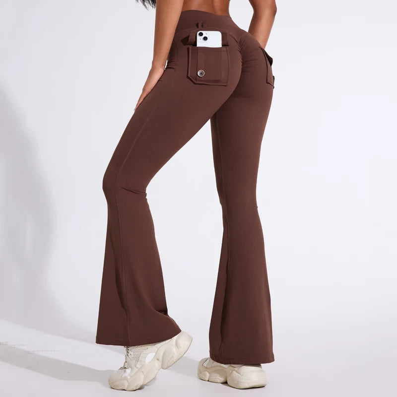 DIAS FIT JOY Pantalon de yoga évasé taille haute pour femme – Legging patte d'éléphant push-up avec poches, pantalon d'entraînement à séchage rapide pour la course, la gym, le fitness et l'exercice