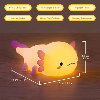 Cute Axolotl Silicone Night Light – Touch-Control USB Rechargeable Nursery Lamp for Baby & Kids, Soft Table Bedside Light