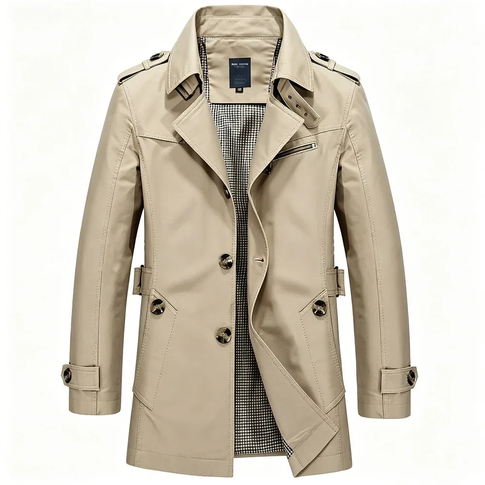 Men’s Mid-Length Trench Coat – Slim-Fit Business Casual Overcoat with Lapel Collar & Metal Buttons, Stylish Windbreaker for Commuting