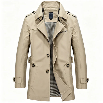 Men’s Mid-Length Trench Coat – Slim-Fit Business Casual Overcoat with Lapel Collar & Metal Buttons, Stylish Windbreaker for Commuting