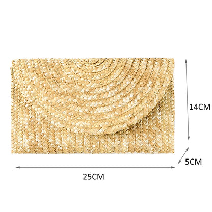 Bolso de mano de paja de trigo hecho a mano para mujer, estilo sobre, para playa de verano, cartera de viaje