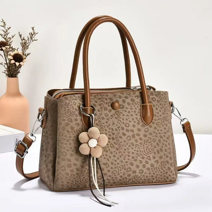 Women's PU Leopard Print Handbag – Large-Capacity Multi-Layer Shoulder & Hand Carry Bag with Textured Finish and Pendant Detail