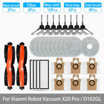 Replacement Parts Kit for Xiaomi Robot Vacuum X20 Pro / D102GL – Main Brush, Side Brushes, HEPA Filter, Mop Pads & Dust Bags