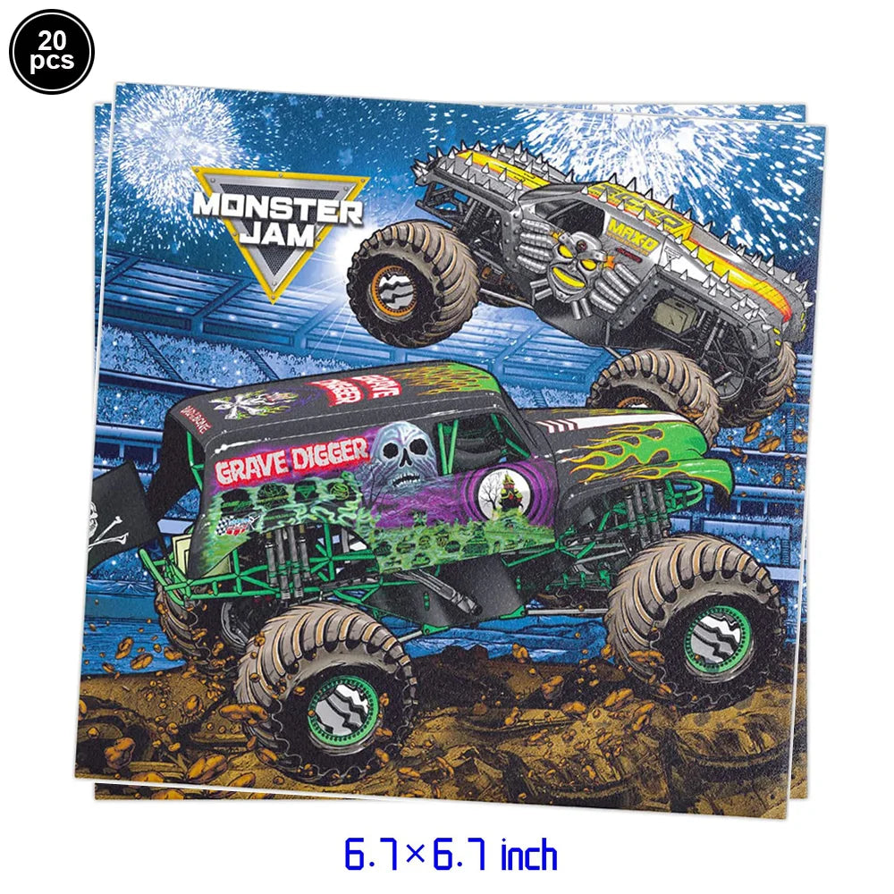 Monster Truck Birthday Party Supplies – Disposable Plates, Napkins, Banner & Tablecloth for Kids' Boys' 2nd Birthday Decorations