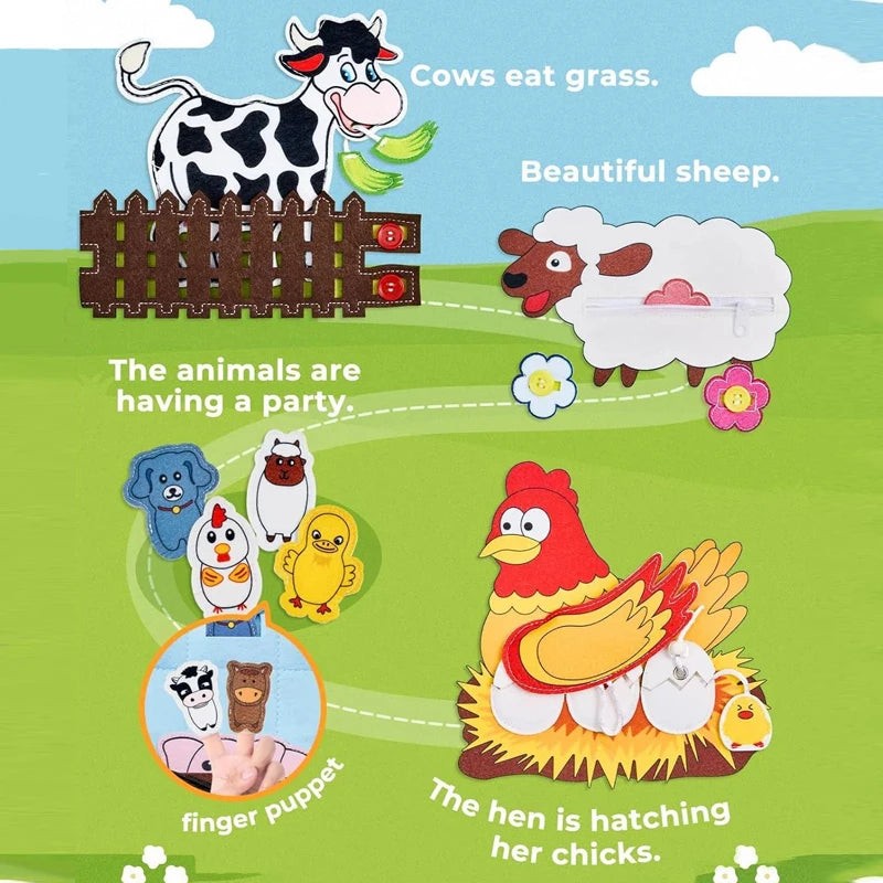 Libro de actividades Montessori de animales de granja – Libro de actividades de fieltro para el desarrollo de la motricidad fina y el aprendizaje temprano en niños pequeños