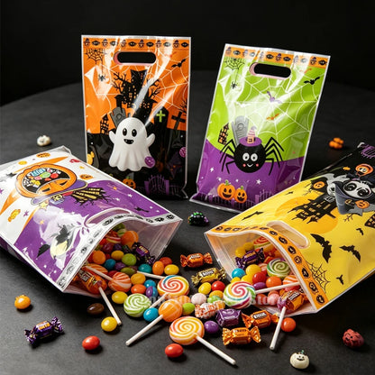 10-100PCS Halloween Candy Bags for Kids, PVC Trick or Treat Snack and Cookie Handbags, Ghost and Spider Print Gift Pouches, Halloween Party Favors and Goodie Bag Storage