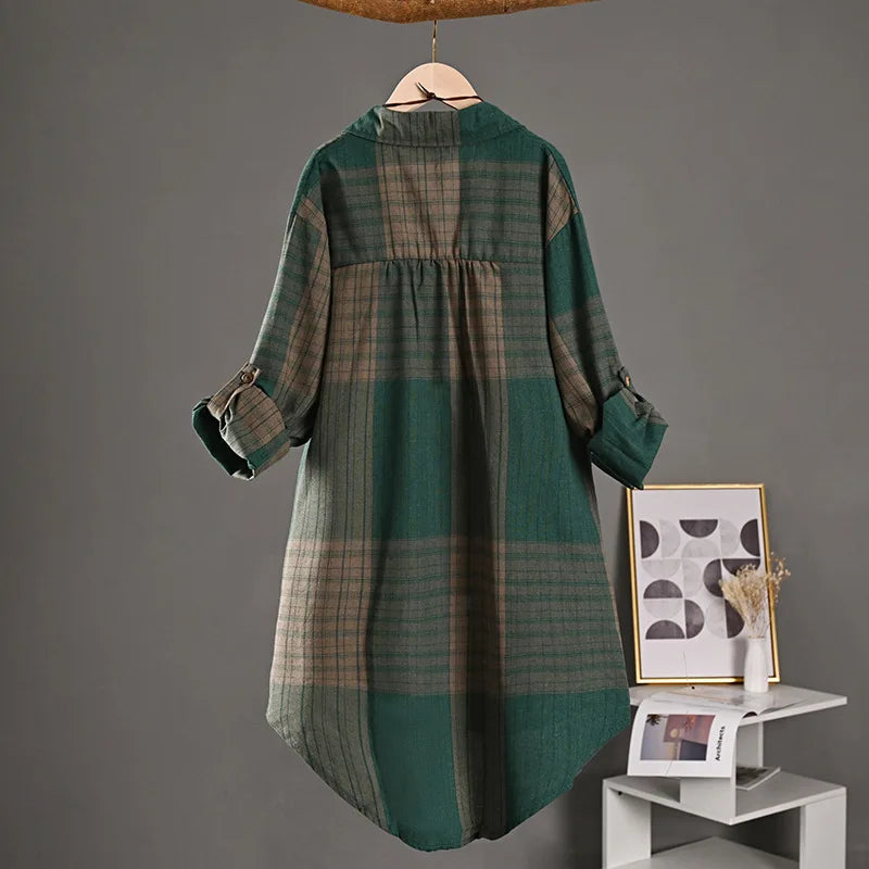 Women's Plaid Linen Shirt – Loose Retro Short-Front Long-Back Cardigan Cover-Up for Spring & Autumn