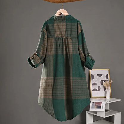 Women's Plaid Linen Shirt – Loose Retro Short-Front Long-Back Cardigan Cover-Up for Spring & Autumn