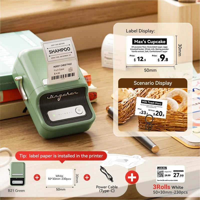 NiiMbot B21 Mini Thermal Label Printer – Wireless Bluetooth Barcode Label Maker with Portable Adhesive Printing for Office & Business