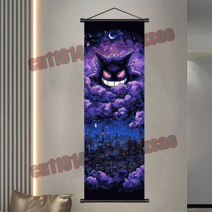 Pokémon Anime Wall Poster – Gengar Eevee Pikachu Scroll Painting Retro Canvas Artwork for Home Decor