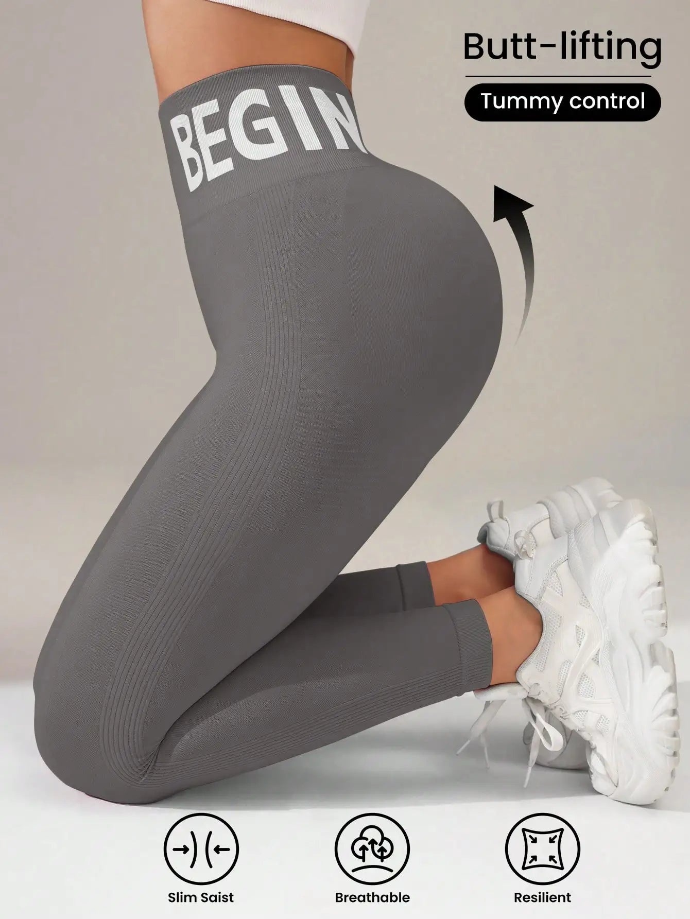 Seamless Yoga Leggings – High-Waist Butt-Lifting Quick-Dry Breathable Workout Tights with Lettering Print for Women