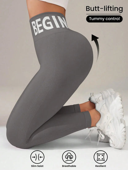 Seamless Yoga Leggings – High-Waist Butt-Lifting Quick-Dry Breathable Workout Tights with Lettering Print for Women