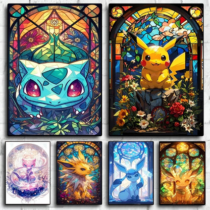 Pokémon Bulbasaur & Pikachu Canvas Wall Art – Bright Garden Themed Cartoon Home Living Room Decor