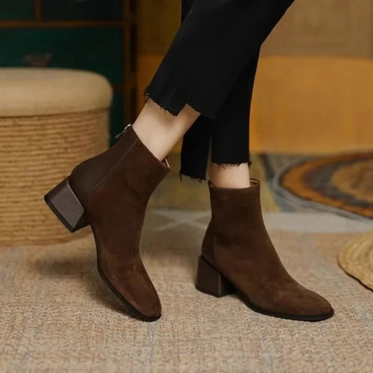 Women's Chelsea Ankle Boots – Stylish Spring & Autumn Frosted Leather Boots with Thick Comfortable Heels, Casual Fashion Shoes