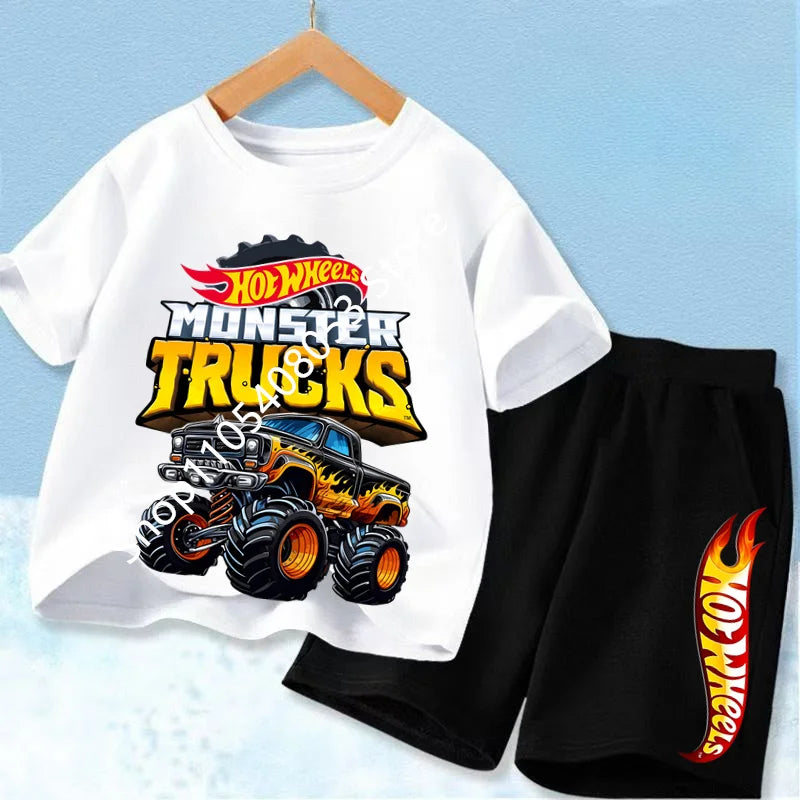 Conjunto de camiseta y pantalón corto de coche de carreras para niños, mezcla de algodón, atuendo de verano para niños y niñas