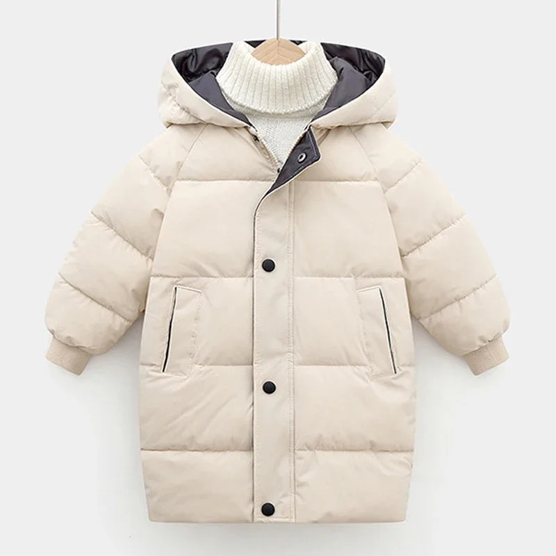 Kids’ Thick Velvet-Lined Winter Parka – Warm Cotton-Padded Coat with Fur Collar & Hood for Boys and Girls