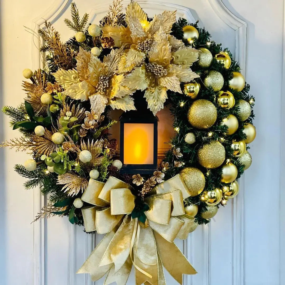 35CM Golden Christmas Wreath with Lights – Red Ball & Flower Garland Xmas Ornament for Front Door, Window & Wall Decor