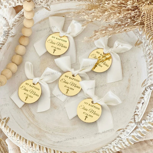 Etiquetas personalizadas de acrílico en forma de cruz con nombre – Decoraciones personalizadas de espejo circular para bautizos de bebés, bodas, cumpleaños y recuerdos de fiesta, etiquetas acrílicas con logotipo de nombre (20/50/100 unidades)
