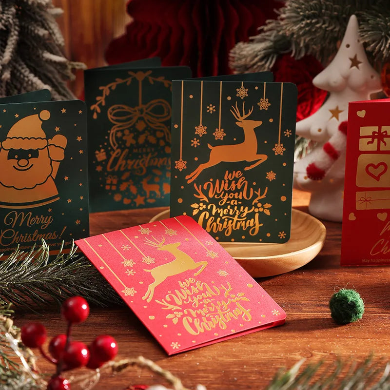 6PCS Christmas Greeting Cards with Envelopes – Red & Green Hot Stamping Holiday Blessing Cards for Xmas, New Year & Gift Giving