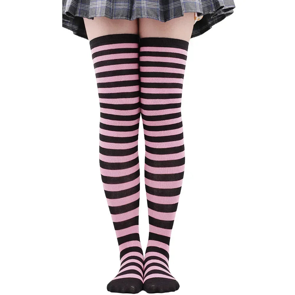 Thigh High Socks Women Over Knee Striped Polka Dot Stockings Black White Pink Lolita Cosplay Harajuku Y2K Kawaii