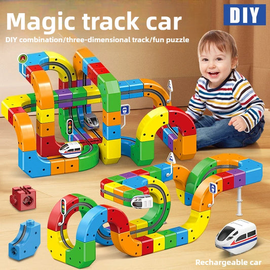 Juego de construcción de tren mágico – Juguete laberinto de coche de riel magnético eléctrico para niños, regalo educativo STEM