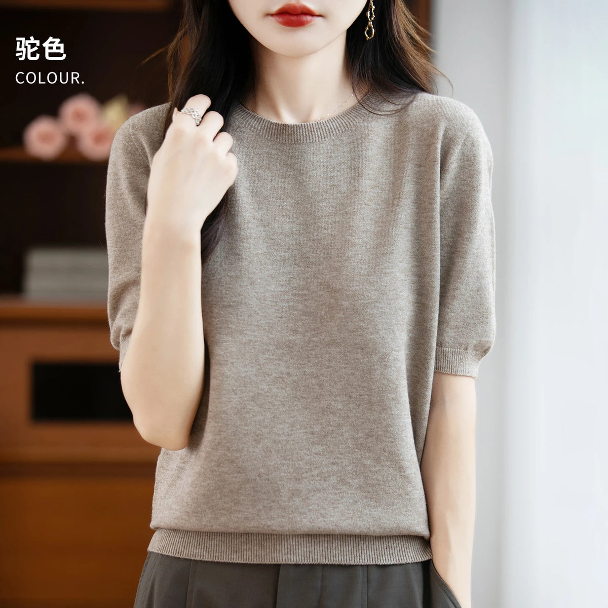 Women's 100% Wool Knitted Sweater – O-Neck Short-Sleeve Pullover, Warm Basic Casual Top for Fall & Winter, Available in 22 Colors