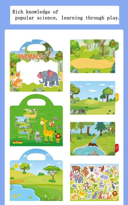 Kids Reusable Scene Sticker Book – DIY Cartoon Animal Puzzle Sticker Game, Early Learning Cognition Toy, Creative Educational Activity Gift for Children
