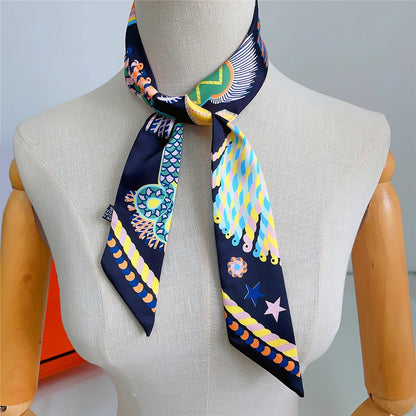 Pañuelo estrecho de sarga de seda 100 % de lujo para mujer, diseño de marca, pañuelo para bolso, pañuelo para el cuello, diadema para el pelo