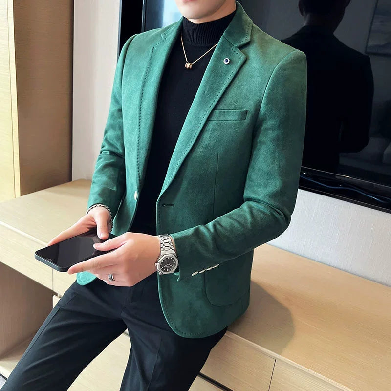 Blazer de terciopelo ajustado para hombre – Chaqueta de traje de lujo de piel de ciervo, abrigo elegante para negocios, casual, bodas, con tallas grandes