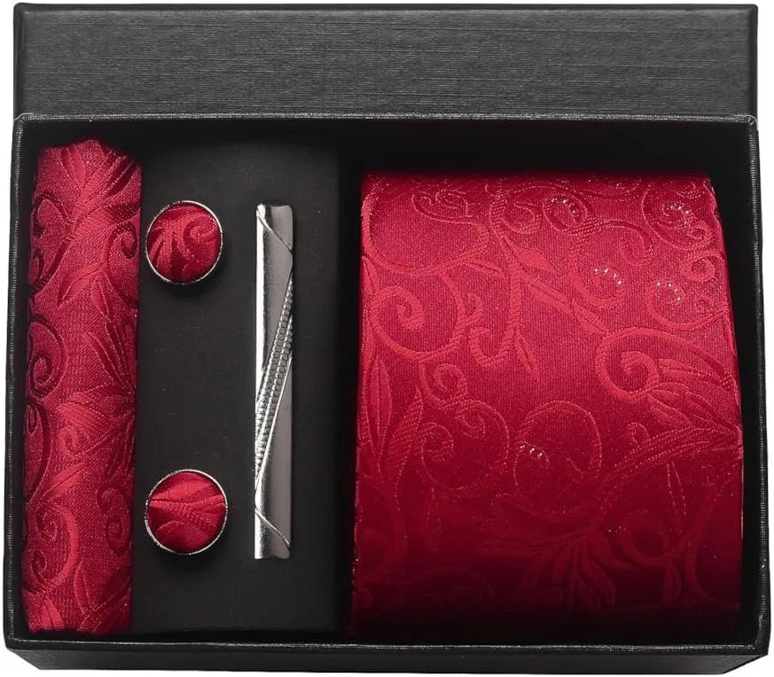 Corbata de seda 100% con diseño floral de Paisley para hombre con pañuelo de bolsillo, pasador de corbata y gemelos en caja de regalo