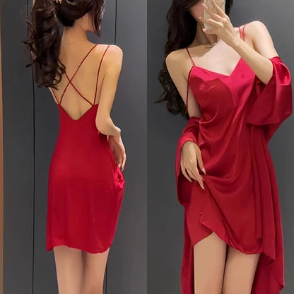 Women’s 2PCS Sleepwear Set – Backless Suspender Nightgown & Long Robe Elegant Sexy Loungewear Dress