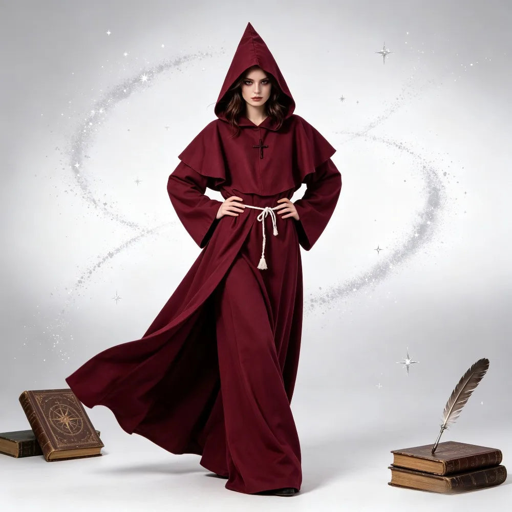 Medieval Hooded Monk Friar Priest Wizard Robe – Unisex Adult Long Loose Costume for Masquerade, Theme Parties, Halloween & Cosplay