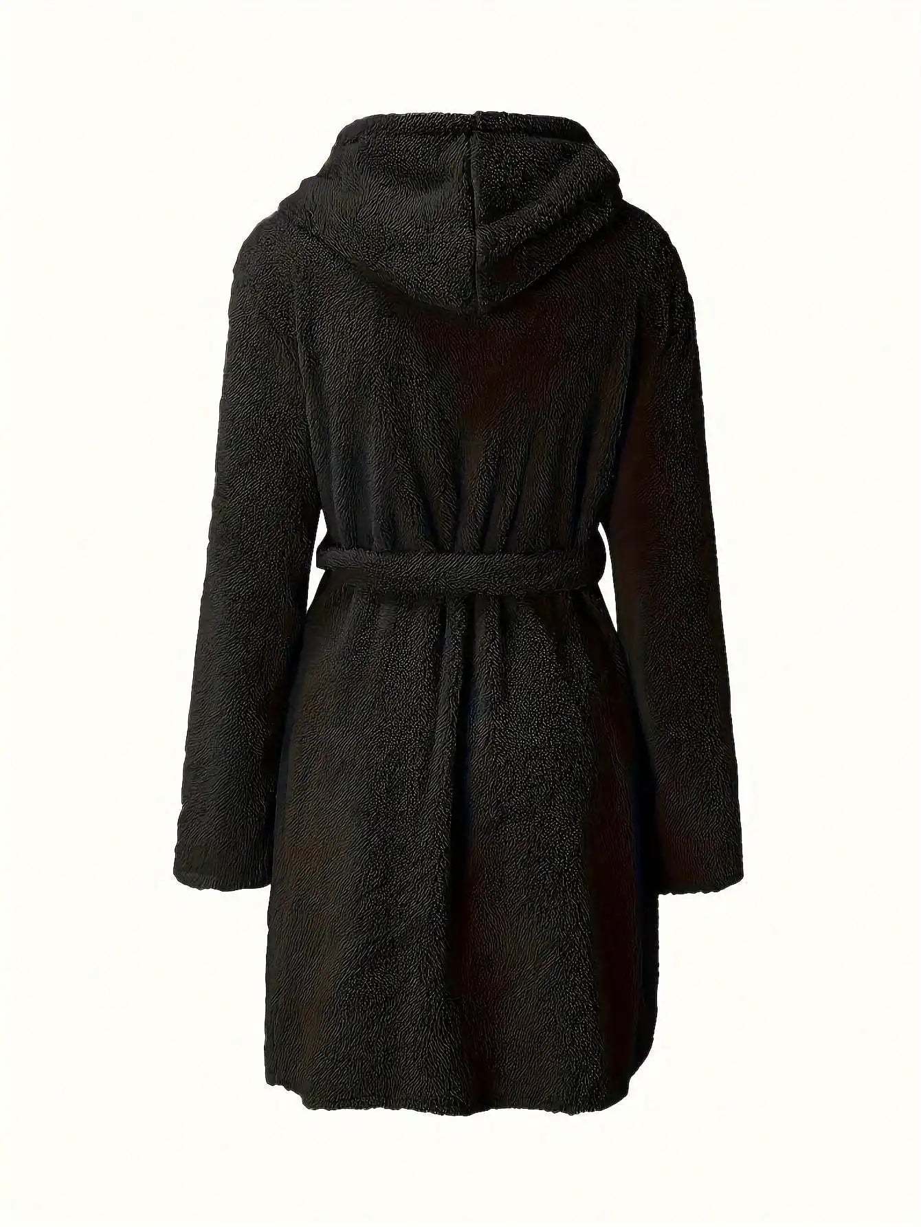 Women’s Hooded Fleece Robe – Solid Color Cozy Warm Bathrobe with Belt for Autumn & Winter Home Wear