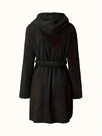 Women’s Hooded Fleece Robe – Solid Color Cozy Warm Bathrobe with Belt for Autumn & Winter Home Wear