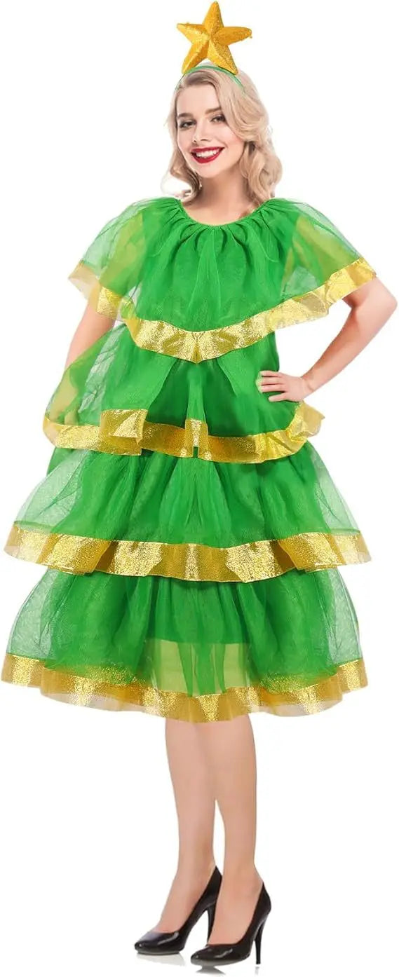 Women's 2026 Christmas Tree Costume Set with Headband and Bells, Festive Tree Skirt Party Outfit for Christmas Cosplay, Holiday Celebrations and Fancy Dress Parties