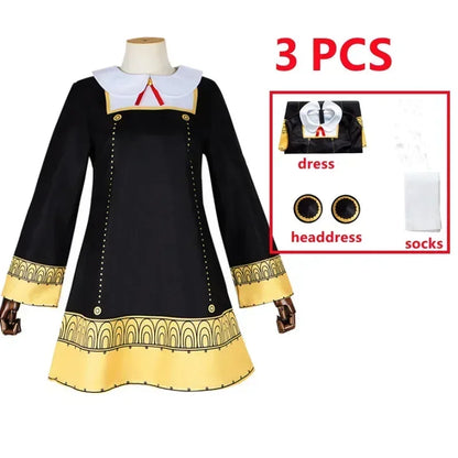 Spy × Family Anya Forger Cosplay Costume Set – Black Uniform Dress with Pink Wig & Stockings for Girls & Adults, Halloween Party & Roleplay Outfit