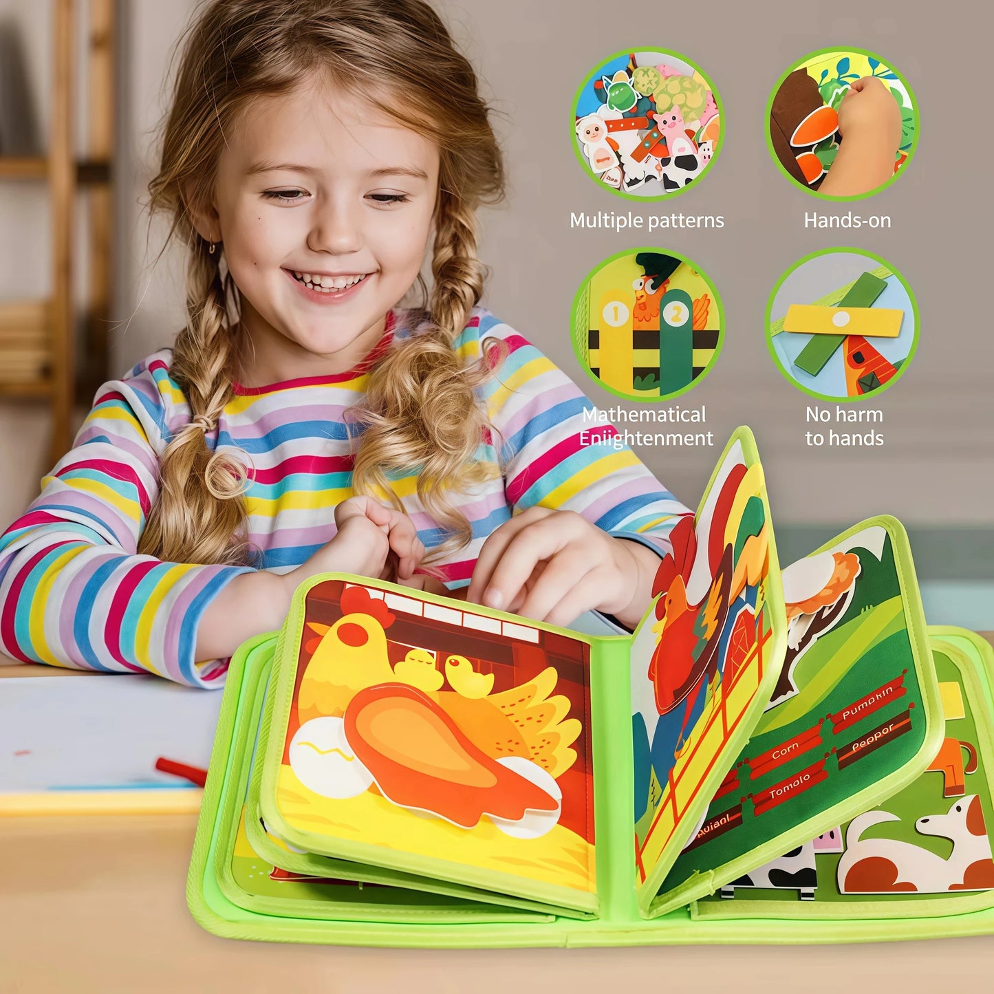 Libro Montessori de tela con animales de granja – Libro de actividades de fieltro para el aprendizaje preescolar, juguete para habilidades motoras finas para niños pequeños, libro interactivo de cuentos de educación temprana para niños