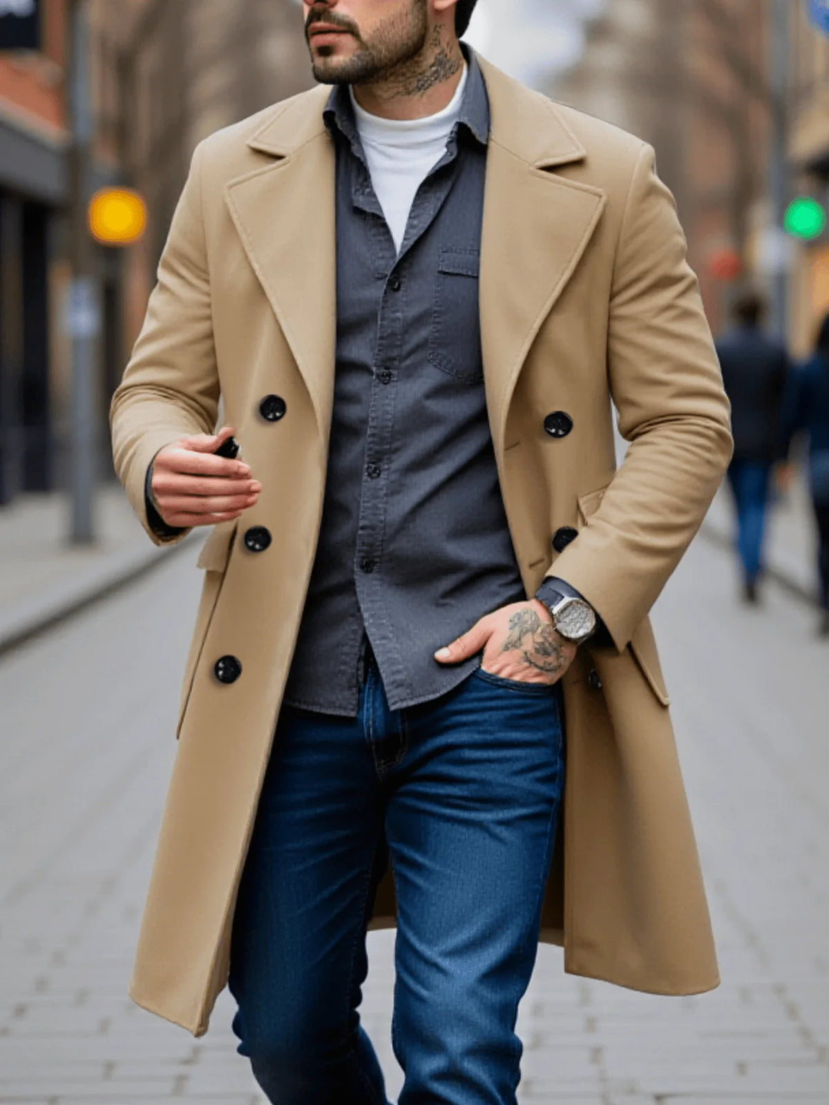 Men's Double-Breasted Wool Overcoat Thickened Winter Coat Solid Color Warm Long Jacket for Cold Weather Protection