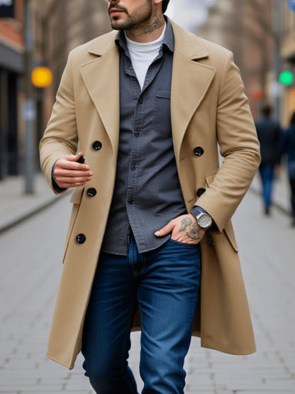 Men's Double-Breasted Wool Overcoat Thickened Winter Coat Solid Color Warm Long Jacket for Cold Weather Protection