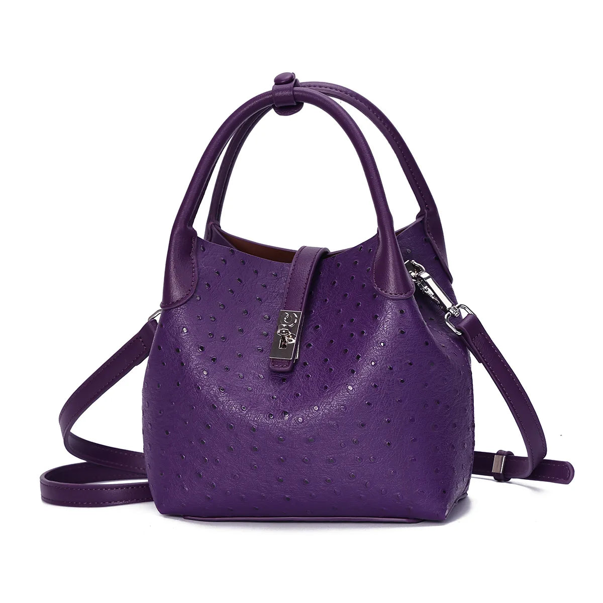 2026 Women's Ostrich-Texture PU Leather Bucket Bag Set – 2PCS Adjustable Strap Crossbody & Shoulder Handbags, Stylish Everyday Purse